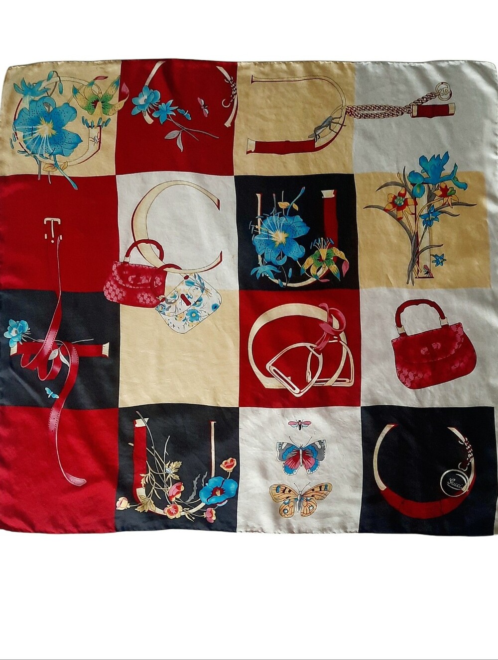 Vintage GUCCI Multi Icons Logo Print Silk Square Scarf 35" Red/Black/Multi - Picture 2 of 14